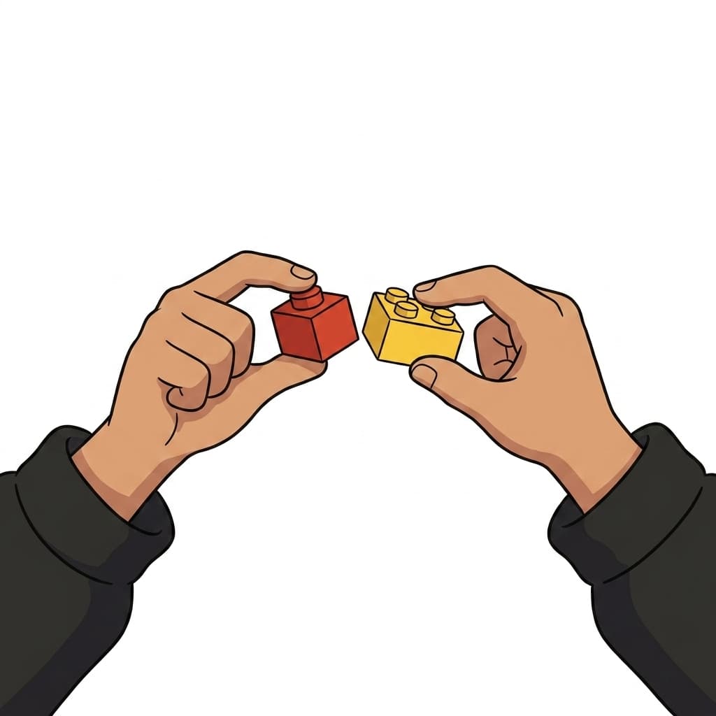 Hands connecting two building blocks