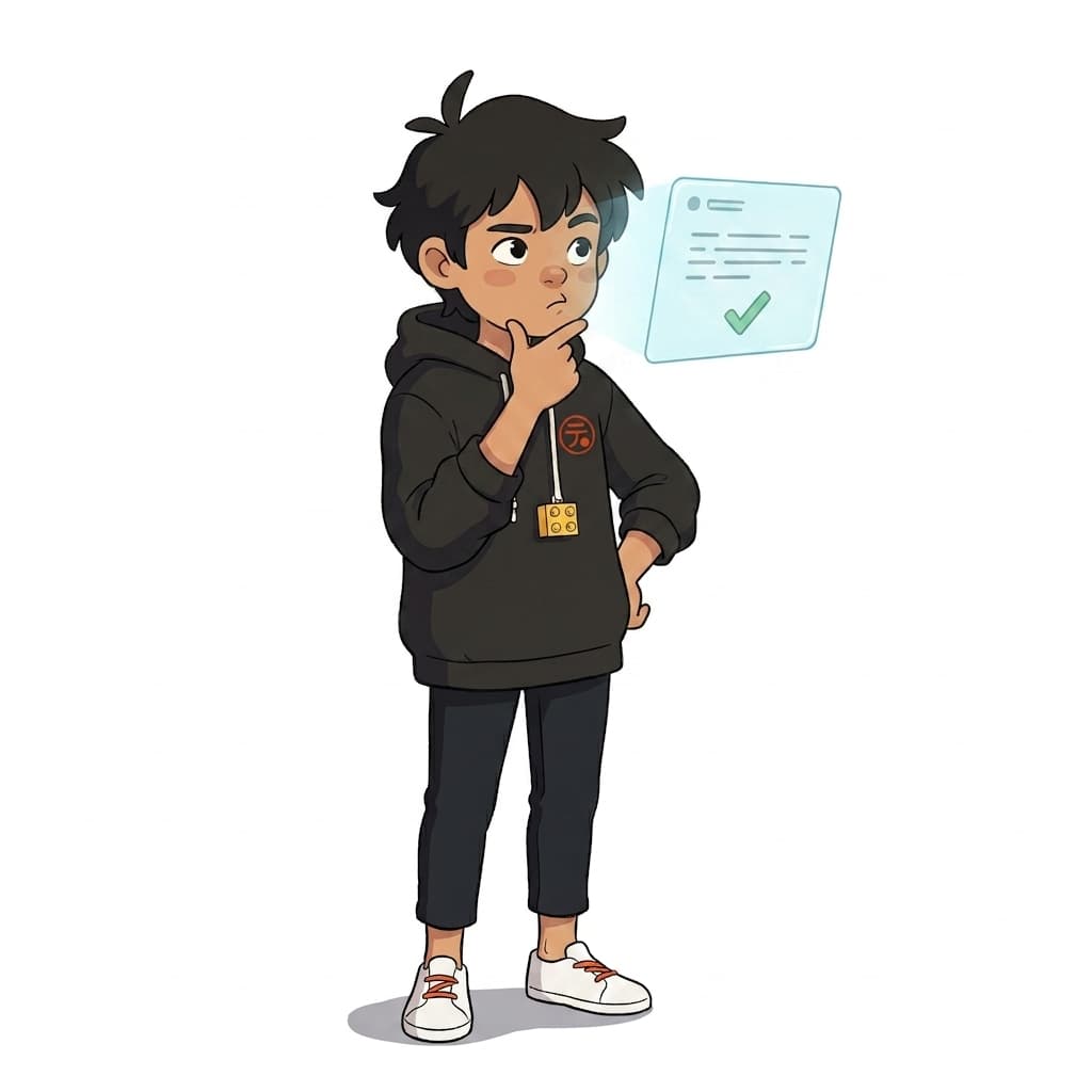 Tekku builder thinking, with a floating glass-box checklist